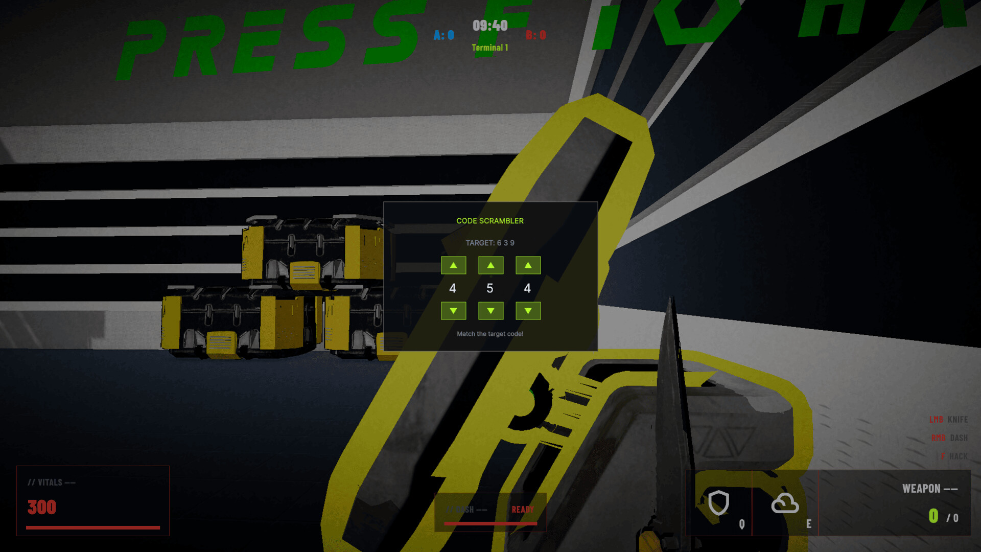 Cloud Breach gameplay: a Spy cracking a terminal's code-scrambler minigame in the middle of a match